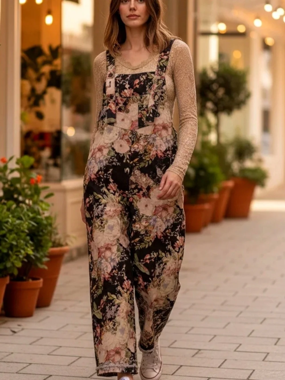 Blue Velvet Floral Print Women Jeans Overalls - Black Floral